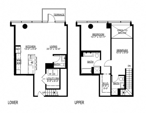 the floor plan of the first and second floors of a town house with two bedrooms